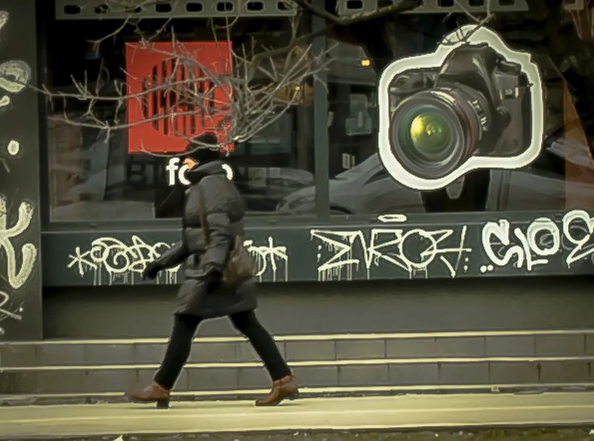 Woman walking past a storefront window painted with a giant camera and graffiti